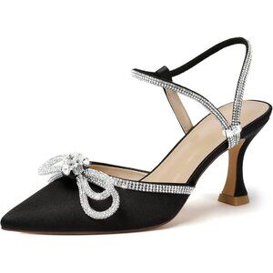 Women's Rhinstone Black Strap Bow Closed Toe Adjustable Pumps Heeled Shoes